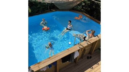 Piscina de madera NEMO 4.3 x 3 - H.1.18 m con playa, azul claro, con vigas a atornillar a la solera