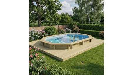 Piscina de madera NEMO 4.3 x 3 - H.1.18 m con playa, azul claro, con vigas a atornillar a la solera