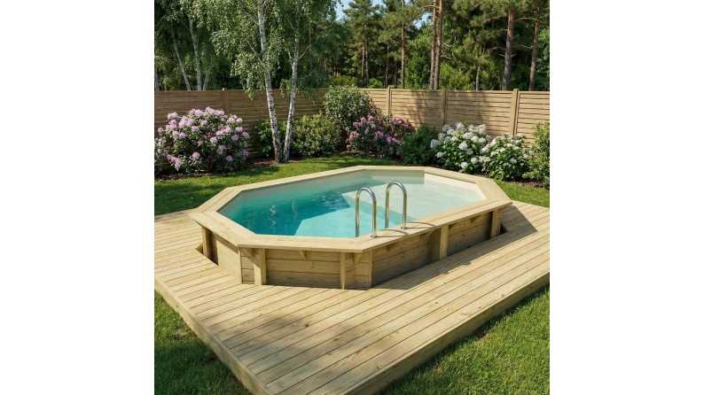 Piscina de madera NEMO 4.3 x 3 - H.1.18 m con playa, arena, con vigas a atornillar a la solera