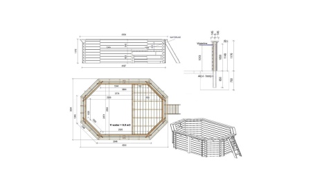 Piscina de madera NEMO 4.3 x 3 – H.1.18 m con playa, gris, sobre bastidor - sin solera
