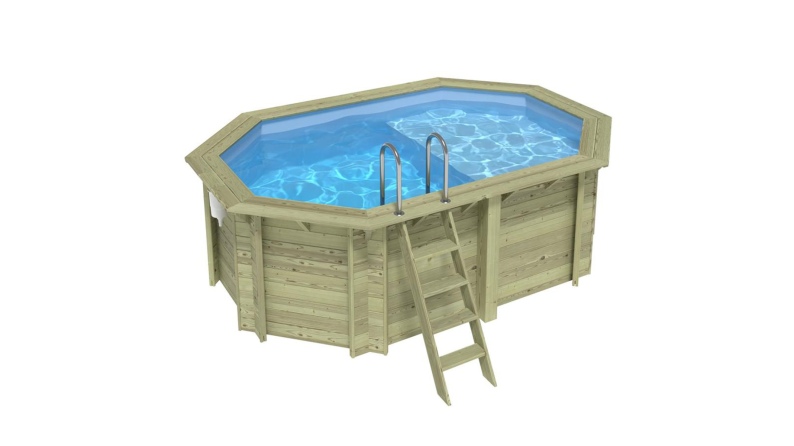 Piscina de madera NEMO 4.3 x 3 - H.1.31 m con playa, azul claro, con vigas a encastrar en la solera
