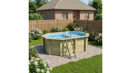 Piscina de madera NEMO 4.3 x 3 - H.1.31 m con playa, azul claro, con vigas a encastrar en la solera