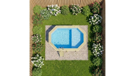 Piscina de madera NEMO 4.3 x 3 - H.1.31 m con playa, azul claro, con vigas a encastrar en la solera