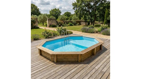 Piscina de madera NEMO 4.3 x 3 - H.1.31 m con playa, azul claro, con vigas a encastrar en la solera