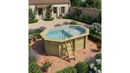 Piscina de madera NEMO 4.3 x 3 - H.1.31 m con playa, gris, con vigas a encastrar en la solera