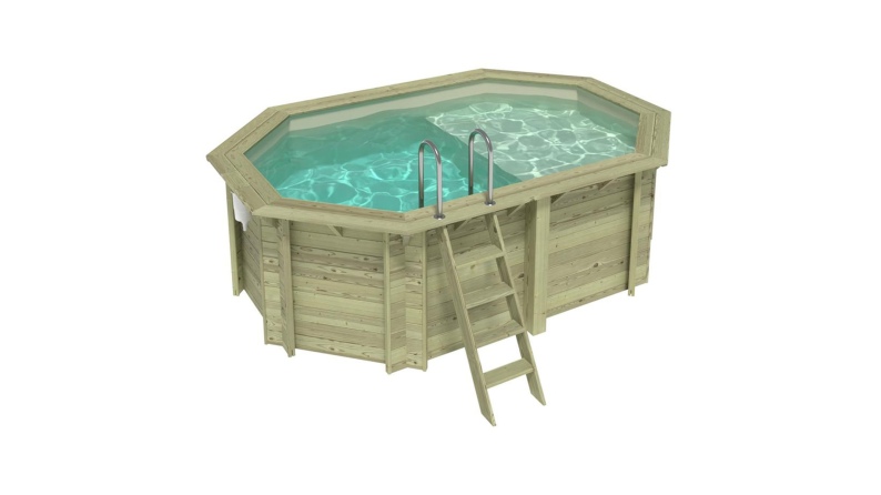 Piscina de madera NEMO 4.3 x 3 - H.1.31 m con playa, arena, con vigas a encastrar en la solera
