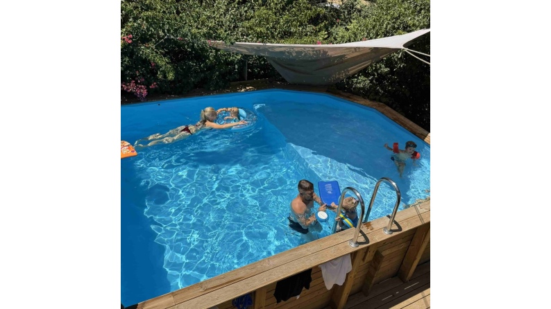Piscina de madera NEMO 4.3 x 3 - H.1.31 m con playa, gris, con vigas a atornillar a la solera