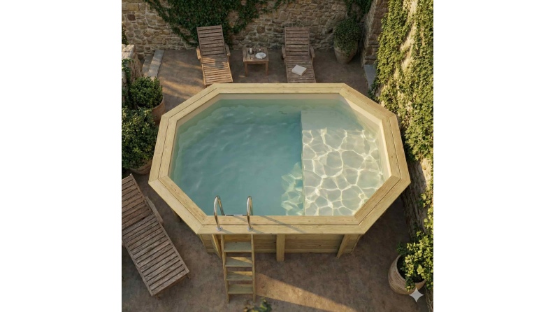 Piscina de madera NEMO 4.3 x 3 - H.1.31 m con playa, arena, con vigas a atornillar a la solera