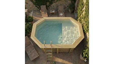 Piscina de madera NEMO 4.3 x 3 - H.1.31 m con playa, arena, con vigas a atornillar a la solera