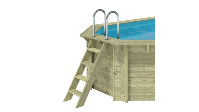 Piscina de madera NEMO 4.3 x 3 - H.1.31 m con playa, arena, con vigas a atornillar a la solera
