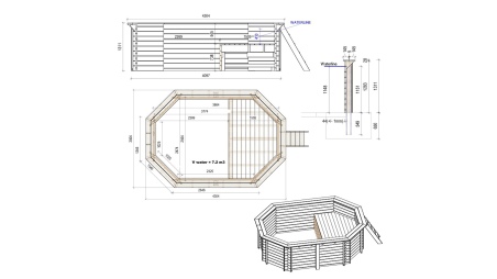 Piscina de madera NEMO 4.3 x 3 – H.1.31 m con playa, gris, sobre bastidor - sin solera