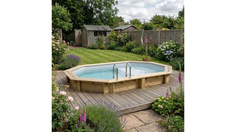 Piscina de madera NEMO 4.3 x 3 – H.1.31 m con playa, gris, sobre bastidor - sin solera