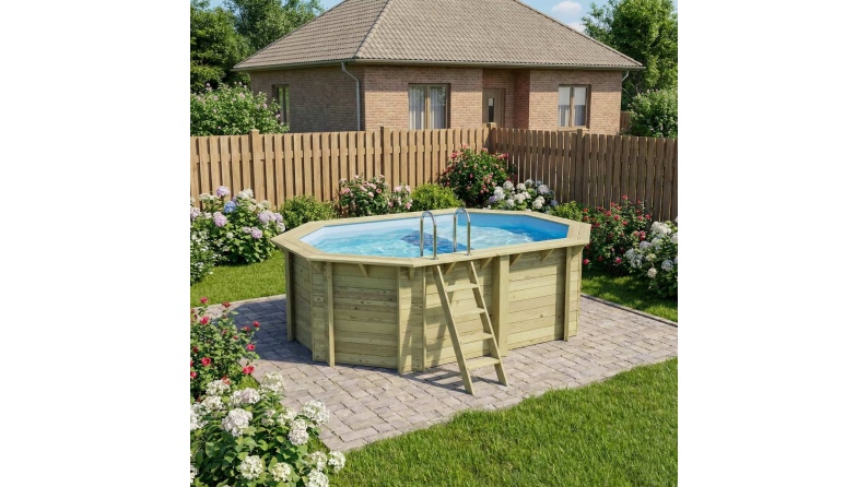 Piscina de madera NEMO 4.3 x 3 – H.1.31 m con playa, azul claro, sobre bastidor - sin solera
