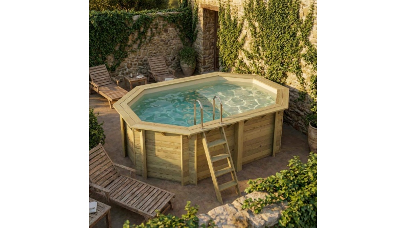 Piscina de madera NEMO 4.3 x 3 – H.1.31 m con playa, arena, sobre bastidor - sin solera
