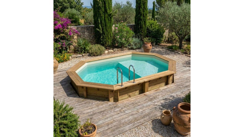 Piscina de madera NEMO 4.3 x 3 – H.1.31 m con playa, arena, sobre bastidor - sin solera