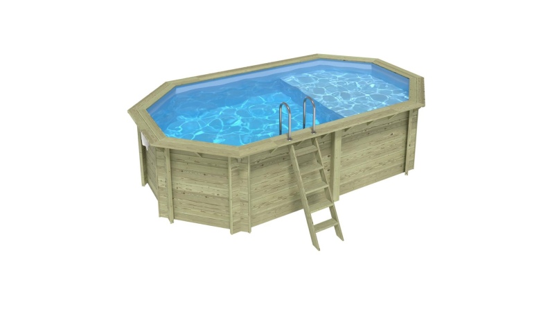 Piscina de madera NEMO 5.79 x 3.49 - H.1.45 m con playa, azul claro, con vigas a atornillar a la solera