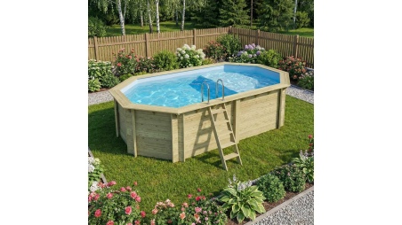 Piscina de madera NEMO 5.79 x 3.49 - H.1.45 m con playa, azul claro, con vigas a atornillar a la solera