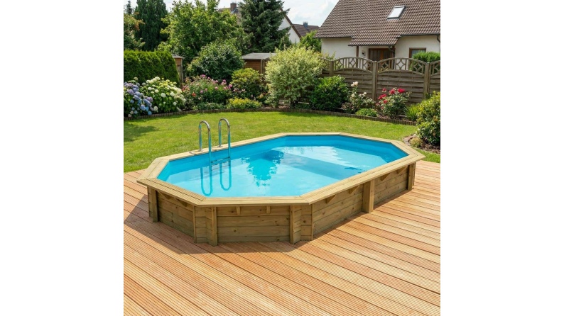 Piscina de madera NEMO 5.79 x 3.49 - H.1.45 m con playa, azul claro, con vigas a atornillar a la solera