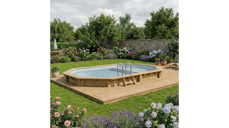 Piscina de madera NEMO 5.79 x 3.49 - H.1.45 m con playa, gris, con vigas a atornillar a la solera