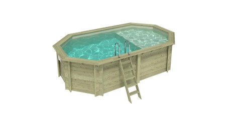 Piscina de madera NEMO 5.79 x 3.49 - H.1.45 m con playa, arena, con vigas a atornillar a la solera