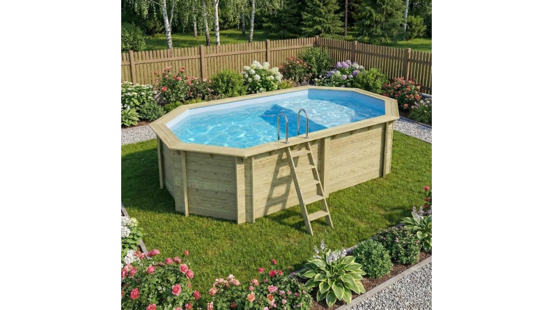 Piscina de madera NEMO 5.79 x 3.49 - H.1.45 m con playa, azul claro, con vigas a encastrar en la solera