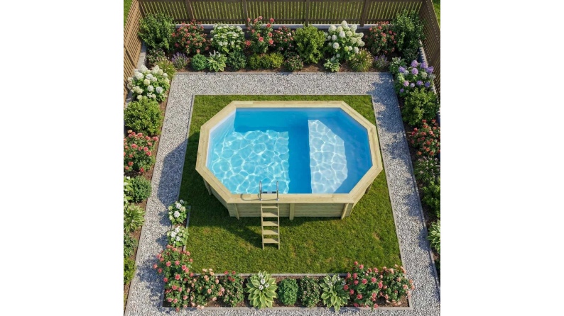 Piscina de madera NEMO 5.79 x 3.49 - H.1.45 m con playa, azul claro, con vigas a encastrar en la solera