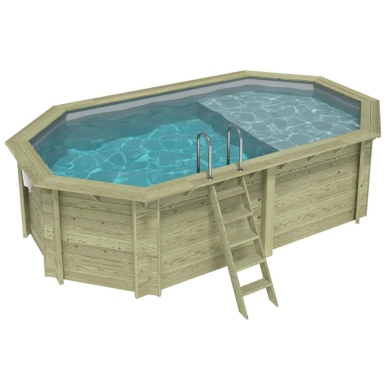 Piscina de madera NEMO 5.79 x 3.49 - H.1.45 m con playa, gris, con vigas a encastrar en la solera