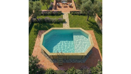 Piscina de madera NEMO 5.79 x 3.49 - H.1.45 m con playa, arena, con vigas a encastrar en la solera