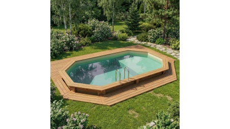 Piscina de madera NEMO 5.79 x 3.49 - H.1.45 m con playa, arena, con vigas a encastrar en la solera