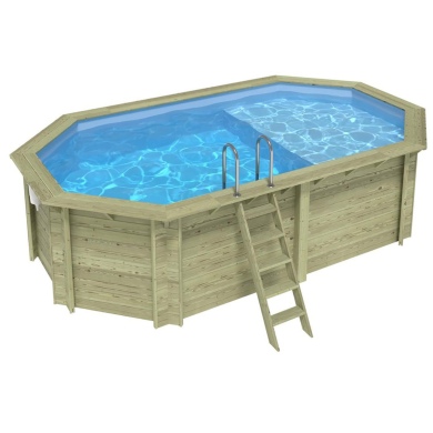 Piscina de madera NEMO 5.79 x 3.49 – H.1.45 m con playa, azul claro, sobre bastidor - sin solera
