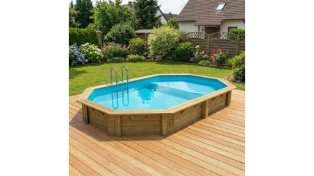 Piscina de madera NEMO 5.79 x 3.49 – H.1.45 m con playa, azul claro, sobre bastidor - sin solera