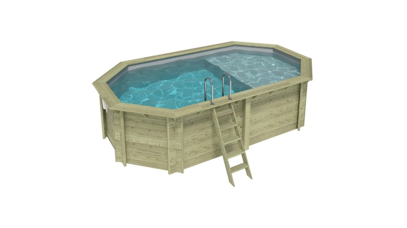 Piscina de madera NEMO 5.79 x 3.49 – H.1.45 m con playa, gris, sobre bastidor - sin solera