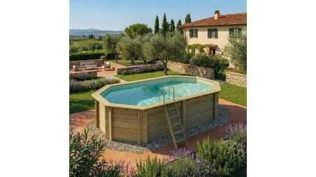 Piscina de madera NEMO 5.79 x 3.49 – H.1.45 m con playa, arena, sobre bastidor - sin solera