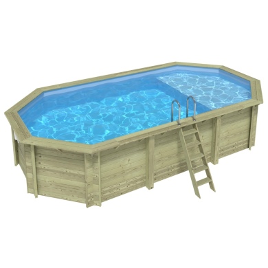 Piscina de madera NEMO 7.3 x 3.97 - H.1.45 m con playa, azul claro, con vigas a encastrar en la solera