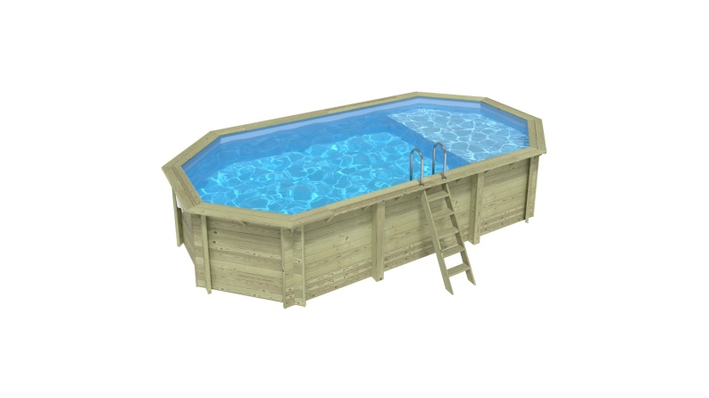 Piscina de madera NEMO 7.3 x 3.97 - H.1.45 m con playa, azul claro, con vigas a encastrar en la solera