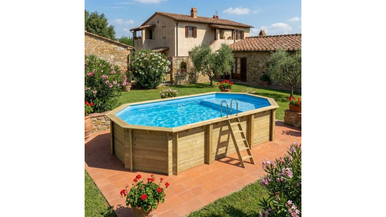 Piscina de madera NEMO 7.3 x 3.97 - H.1.45 m con playa, azul claro, con vigas a encastrar en la solera