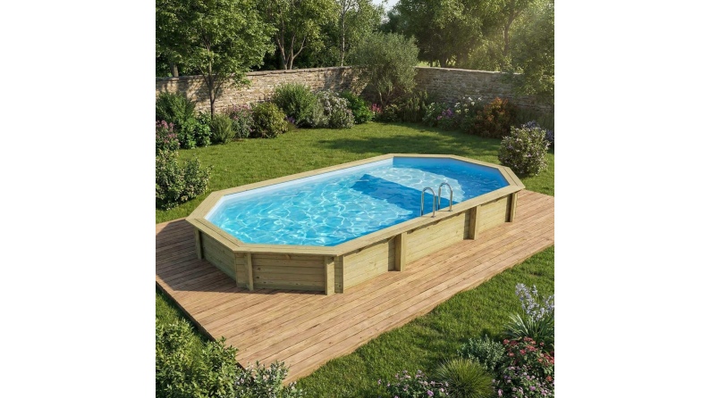 Piscina de madera NEMO 7.3 x 3.97 - H.1.45 m con playa, azul claro, con vigas a encastrar en la solera