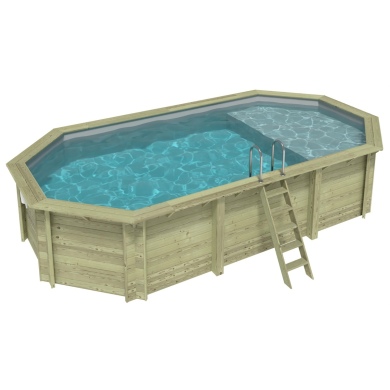 Piscina de madera NEMO 7.3 x 3.97 - H.1.45 m con playa, gris, con vigas a encastrar en la solera