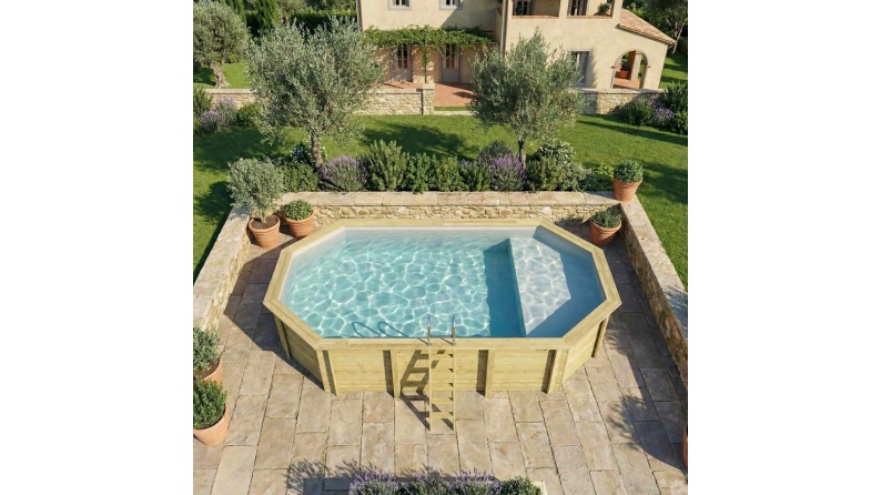 Piscina de madera NEMO 7.3 x 3.97 - H.1.45 m con playa, gris, con vigas a encastrar en la solera