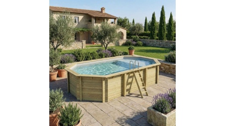 Piscina de madera NEMO 7.3 x 3.97 - H.1.45 m con playa, gris, con vigas a encastrar en la solera
