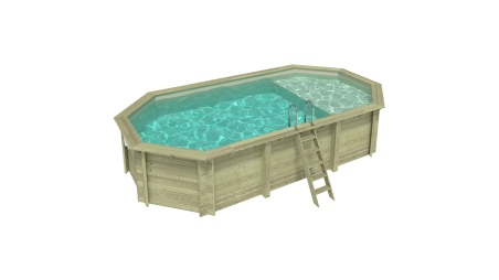 Piscina de madera NEMO 7.3 x 3.97 - H.1.45 m con playa, arena, con vigas a encastrar en la solera
