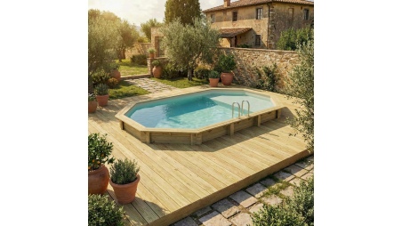 Piscina de madera NEMO 7.3 x 3.97 - H.1.45 m con playa, arena, con vigas a encastrar en la solera