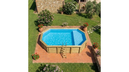 Piscina de madera NEMO 7.3 x 3.97 - H.1.45 m con playa, azul claro, con vigas a atornillar a la solera