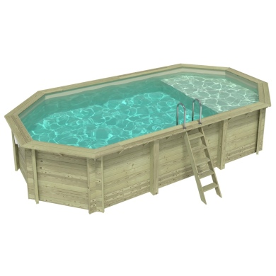 Piscina de madera NEMO 7.3 x 3.97 - H.1.45 m con playa, arena, con vigas a atornillar a la solera