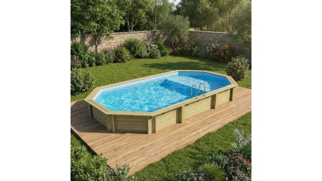Piscina de madera NEMO 7.3 x 3.97 – H.1.45 m con playa, azul claro, sobre bastidor - sin solera