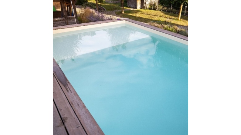 Piscina de madera NEMO 7.3 x 3.97 – H.1.45 m con playa, gris, sobre bastidor - sin solera