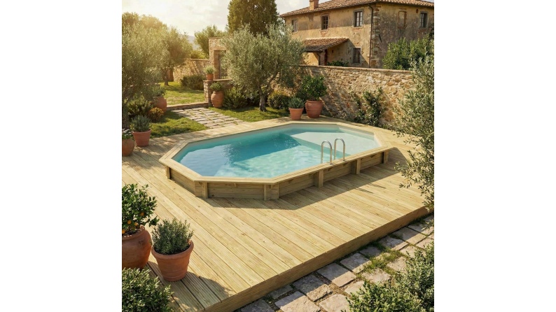 Piscina de madera NEMO 7.3 x 3.97 – H.1.45 m con playa, arena, sobre bastidor - sin solera