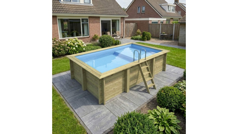 Piscina de madera AQUA 4.65 x 2.85 - H.1.24 m con playa, azul claro, con vigas a encastrar en la solera