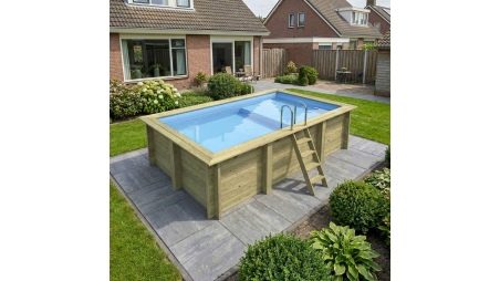 Piscina de madera AQUA 4.65 x 2.85 - H.1.24 m con playa, azul claro, con vigas a encastrar en la solera