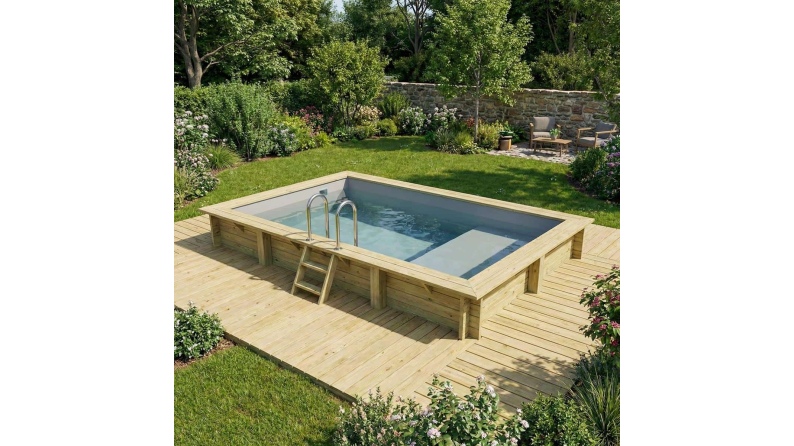 Piscina de madera AQUA 4.65 x 2.85 - H.1.24 m con playa, gris, con vigas a atornillar a la solera